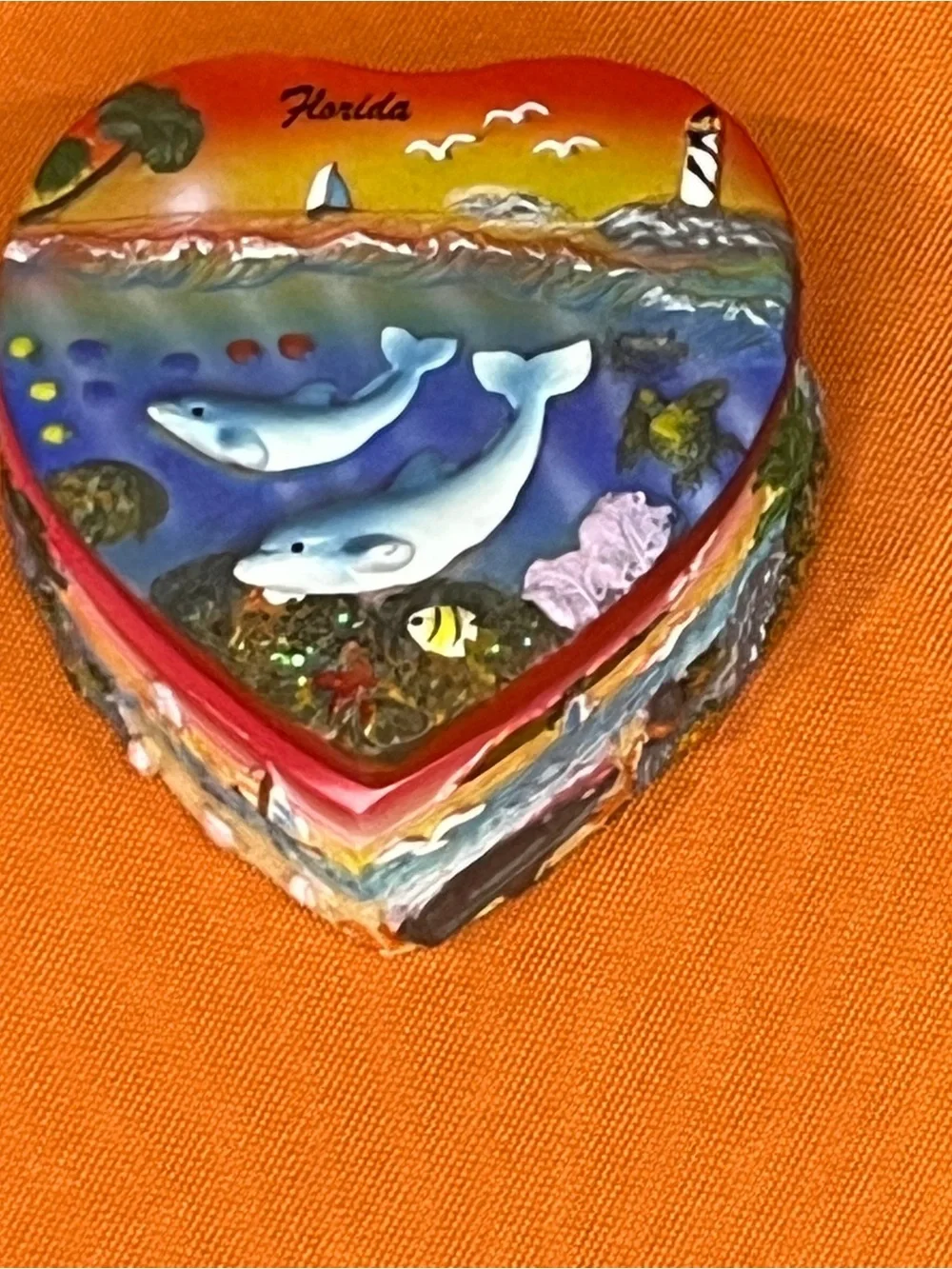 Florida Heart Shaped Trinket Box with Dolphins